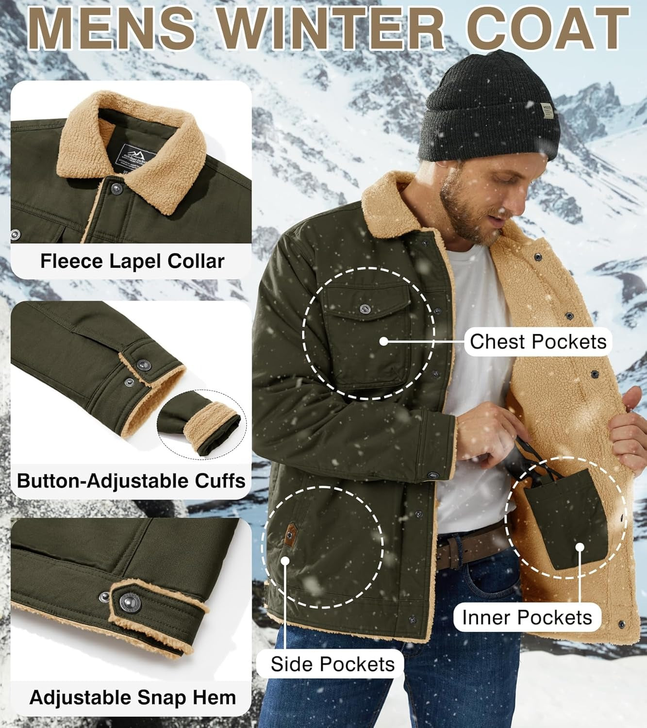 Men's Winter Jacket Thick Thermal Cotton Warm Fleece Lined Coat